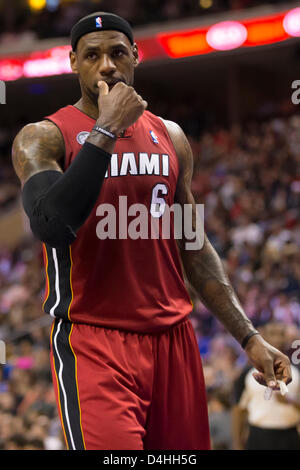 March 13, 2013: Miami Heat small forward LeBron James (6) looks on during the NBA game between the Miami Heat and the Philadelphia 76ers at the Wells Fargo Center in Philadelphia, Pennsylvania. The Miami Heat beat the Philadelphia 76ers, 98-94. Stock Photo