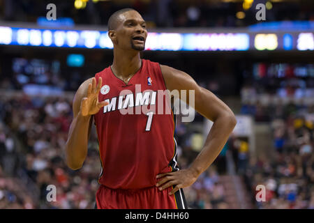 March 13, 2013: Miami Heat center Chris Bosh (1) looks on during the NBA game between the Miami Heat and the Philadelphia 76ers at the Wells Fargo Center in Philadelphia, Pennsylvania. The Miami Heat beat the Philadelphia 76ers, 98-94. Stock Photo