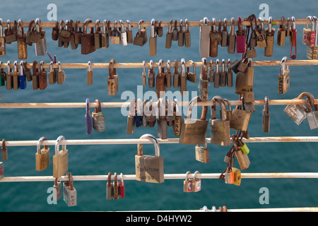 Love padlocks (also known as love locks or wish locks) at Tigne Point, Malta Stock Photo
