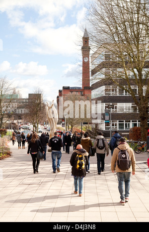 Birmingham University students walking towards the clock tower; Edgbaston Campus, Birmingham, UK Stock Photo