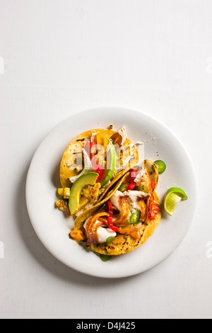 Shredded Chicken Tacos with Tomatoes, Avocado and Grilled Corn + Sautéed Tilapia Tacos with Colored Peppers and Grilled Onion. Stock Photo