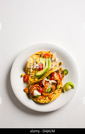 Shredded Chicken Tacos with Tomatoes, Avocado and Grilled Corn + Sautéed Tilapia Tacos with Colored Peppers and Grilled Onion. Stock Photo