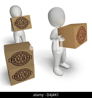 Rush Rubber Stamp On Boxes Shows Speedy Urgent Express Delivery Stock Photo