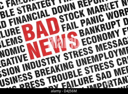 Conceptual print of Bad News with angled uppercase text expressing failure, crisis, panic, fear and economy depression. Stock Photo