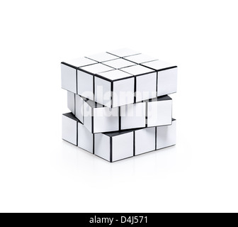 Blank white cubic twist puzzle with copy space for your information. Isolated on white. Stock Photo