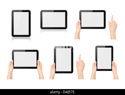 High quality set of digital tablets in different positions with pointing, holding or touching hands. Stock Photo