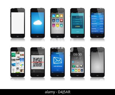 Collection of mobile phone interface designs showing different functions and apps. Isolated on white. Stock Photo