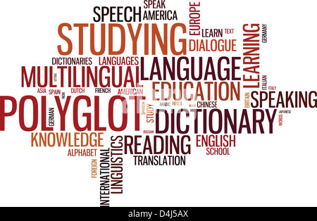 Typographical wordcloud with mutiple words pertaining to language, study, dialogue and translation. Stock Photo