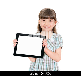 Happy attractive little girl holding a blank digital tablet in hands. Isolated on white. Stock Photo