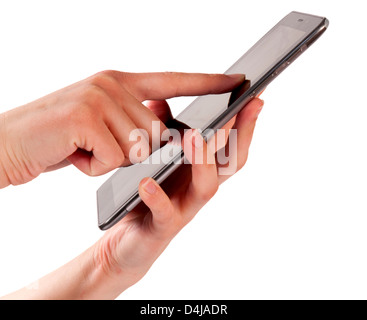 Female hand touching tablet isolated on white Stock Photo