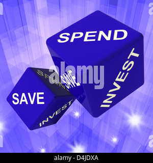 Spend, Save, Invest Dice Background Shows Finances And Debts Stock Photo