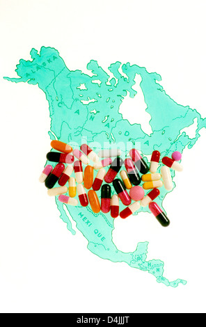 Map of America and pills - healthcare / health insurance concept Stock Photo