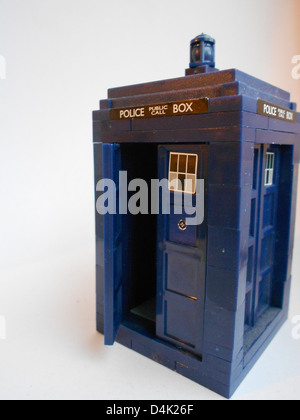 The Doctors Tardis made from Lego and stickers (Item from Doctor Who) Stock Photo