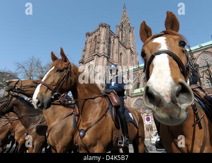 Members of the French mounted police stand in front of the minster in Strasbourg, France, 02 April 2009. The 2009 NATO Summit will take place in Baden-Baden, Strasbourg and Kehl on 03 and 04 April 2009. Photo: Federico Gambarini Stock Photo