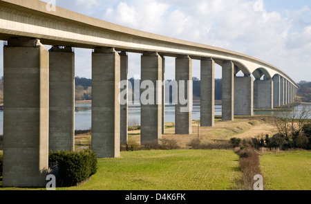 The Orwell Bridge opened in 1982 carries the A14 trunk road over the River Orwell, Ipswich, Suffolk, England. Stock Photo