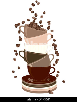 an illustration of a stack of cups and saucers with coffee beans tumbling down isolated on a white background Stock Photo