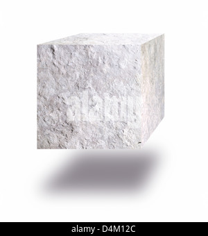 Stone cube floating in air against white background Stock Photo