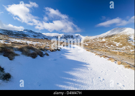 Striding Edge, Helvellyn, Swirral Edge and Catstycam on a winters day. Stock Photo