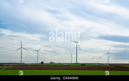 Wind turbines in rural landscape Stock Photo