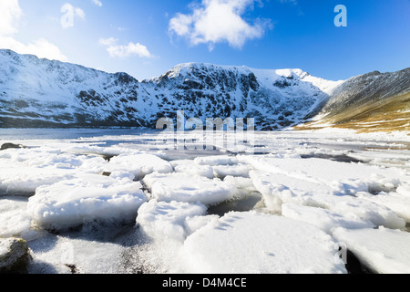 A frozen Red Tarn with Striding Edge, Helvellyn and Swirral Edge in the distance. Stock Photo