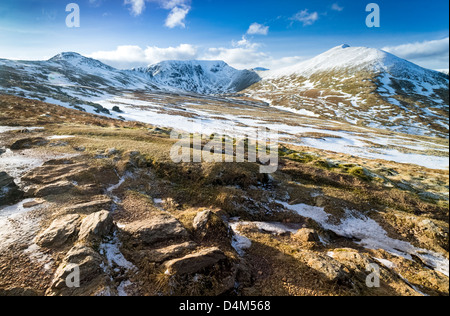 Striding Edge, Helvellyn, Swirral Edge and Catstycam on a winters day. Stock Photo