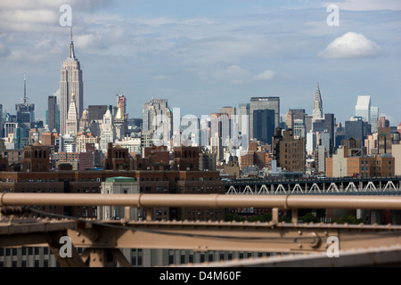 The Manhattan skyline with Empire State Building and Chrysler Building viewed from the Brooklyn Bridge, New York