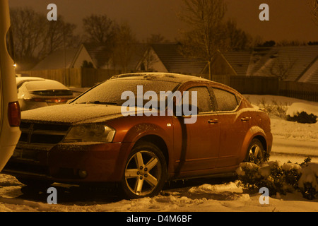 snowy landscape night  light pollution Car  fresh snow dodge Stock Photo