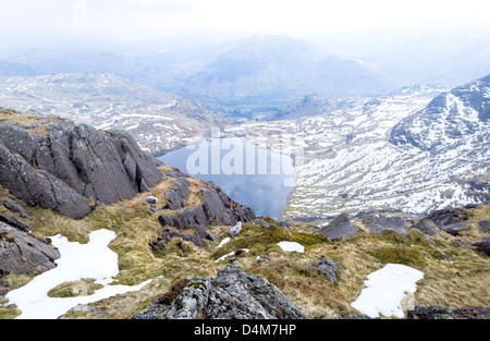Looking down to Stickle Tarn from the top of Jack's Rake, Pavey Ark in the Lake District Stock Photo