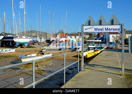 Welcome sign to West Mersea for boat users arriving onto pontoon and going ashore Stock Photo