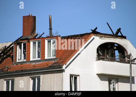 Berlin, Germany, burned roof of an apartment building Stock Photo