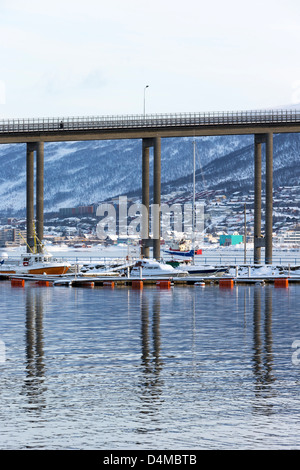 Tromso Bridge across the Tromsoysundet strait between mainland Tromsdalen and Tromsoya Island Stock Photo