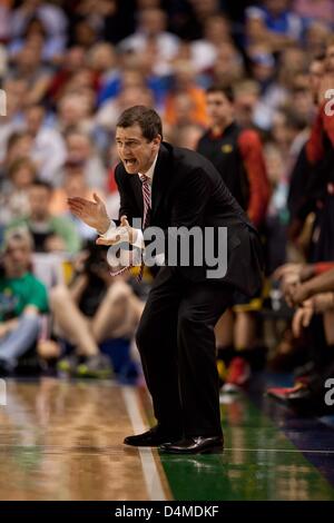 March 15, 2013 - Greensboro, North Carolina, United States of America - March 15, 2013: Maryland head coach Mark Turgeon reacts on the courtduring the Maryland vs Duke game at the 2013 ACC men's basketball tournament in Greensboro, NC at the Greensboro Coliseum on March 15, 2013. Duke defeated Maryland 83-74. Stock Photo