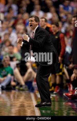 March 15, 2013 - Greensboro, North Carolina, United States of America - March 15, 2013: Maryland head coach Mark Turgeon reacts on the courtduring the Maryland vs Duke game at the 2013 ACC men's basketball tournament in Greensboro, NC at the Greensboro Coliseum on March 15, 2013. Duke defeated Maryland 83-74. Stock Photo