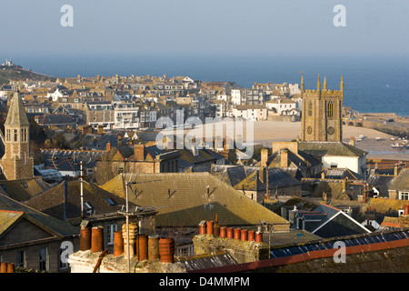 View over St Ives rooftops and the harbour Stock Photo