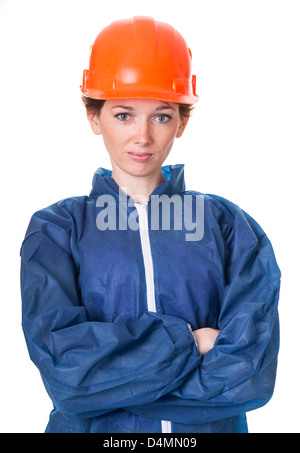 Portrait of a woman in protective clothing and helmet. Isolation on white background with a clipping paths Stock Photo