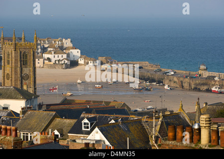 View over St Ives rooftops and the harbour Stock Photo