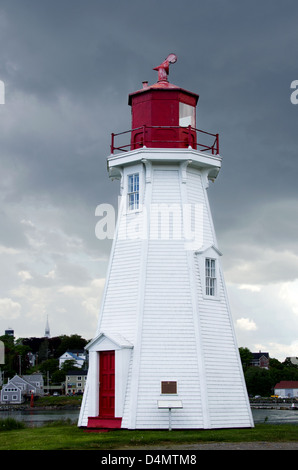 Dark gray stormclouds gather behind the Mulholland Point Lighthouse on Campobello Island, Canada. Stock Photo