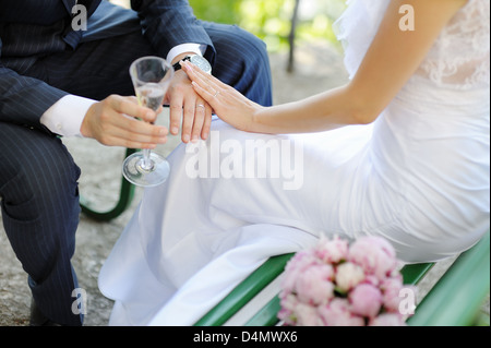 hands of the bride and groom with rings Stock Photo