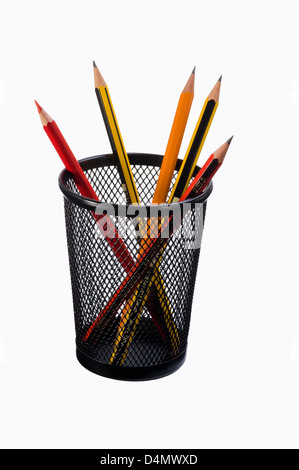 Pencils in a black mesh stand. Stock Photo