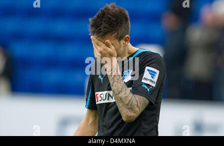 Hoffenheim's Joselu reatcs after the 0-0 in the German Bundesliga match between TSG 1899 Hoffenheim and 1. FSV Mainz 05 at Rhein-Neckar-Arena in Sinsheim, Germany, 16 March 2013. Photo: UWE ANSPACH (ATTENTION: EMBARGO CONDITIONS! The DFL permits the further utilisation of up to 15 pictures only (no sequential pictures or video-similar series of pictures allowed) via the internet and online media during the match (including halftime), taken from inside the stadium and/or prior to the start of the match. The DFL permits the unrestricted transmission of digitised recordings during the match exclu Stock Photo
