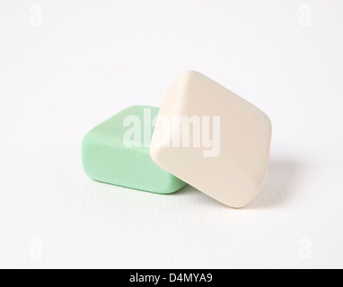 two erasers on white background Stock Photo