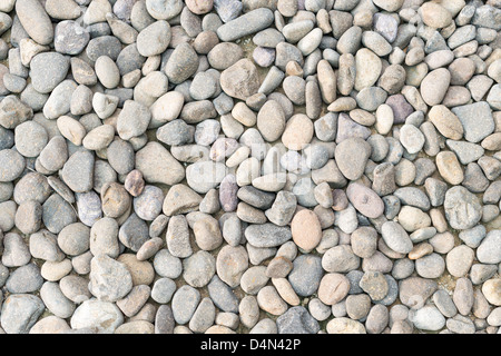 Pebble heap as abstract natural background. Plenty of grey and brown gravel stones in close-up view. Various pebble stone textur Stock Photo