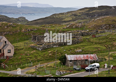 Isle of Lewis, Outer Hebrides, Scotland, Villages of small cottages nestled around  Dun Carloway Broch. Ruins of stone houses. Stock Photo