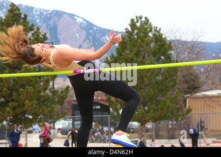 March 16, 2013 - Boulder, CO, United States of America - March 16, 2013: Colorado's Ewelina Pena competes in the women's high jump at the inaugural Jerry Quiller Classic at the University of Colorado campus in Boulder. Stock Photo