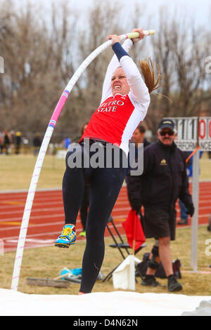 March 16, 2013 - Boulder, CO, United States of America - March 16, 2013: Metropolitan State's Briana Suppes competes in the women's pole vault at the inaugural Jerry Quiller Classic at the University of Colorado campus in Boulder. Stock Photo