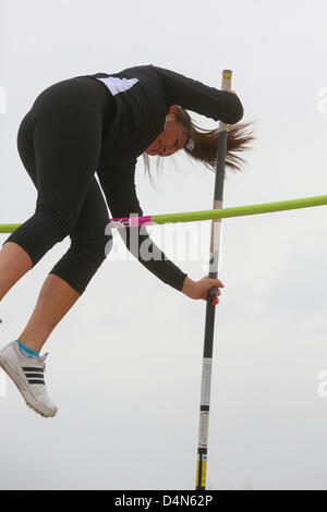 March 16, 2013 - Boulder, CO, United States of America - March 16, 2013: Alex Colvin from UC-Colorado Springs clears the bar in the women's pole vault at the inaugural Jerry Quiller Classic at the University of Colorado campus in Boulder. Stock Photo