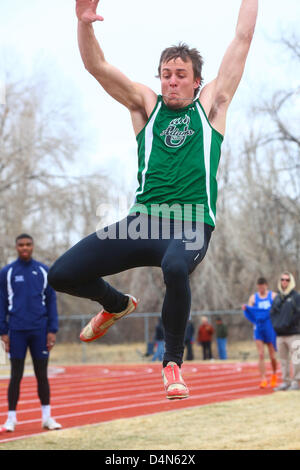 March 16, 2013 - Boulder, CO, United States of America - March 16, 2013: Alex Estes of Adams State competes in the long jump at the inaugural Jerry Quiller Classic at the University of Colorado campus in Boulder. Stock Photo