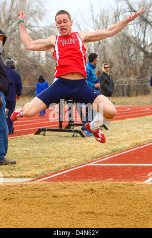 March 16, 2013 - Boulder, CO, United States of America - March 16, 2013: Michael Zeller of Metropolitan State competes in the long jump at the inaugural Jerry Quiller Classic at the University of Colorado campus in Boulder. Stock Photo