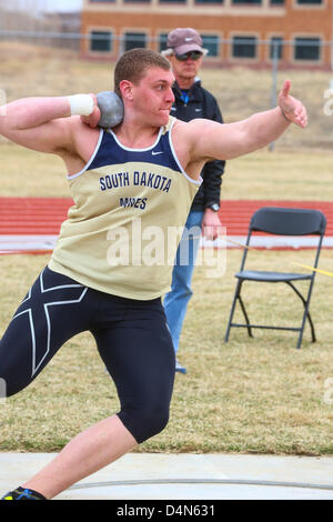 March 16, 2013 - Boulder, CO, United States of America - March 16, 2013: Brian Freed of South Dakota Mines prepares to launch a shot put at the inaugural Jerry Quiller Classic at the University of Colorado campus in Boulder. Stock Photo