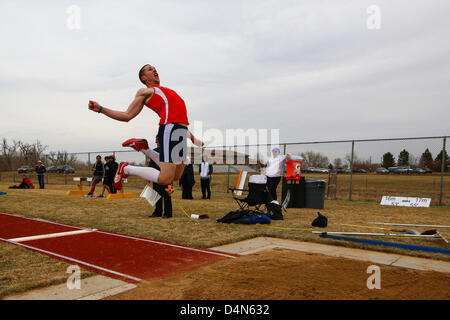 March 16, 2013 - Boulder, CO, United States of America - March 16, 2013: Michael Zeller of Metropolitan State competes in the long jump at the inaugural Jerry Quiller Classic at the University of Colorado campus in Boulder. Stock Photo